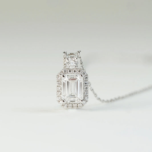 18K Gold Lab-Grown Diamond Emerald-Cut Halo Pendant | D–E / VVS | <0.50ct – 2.00ct+>