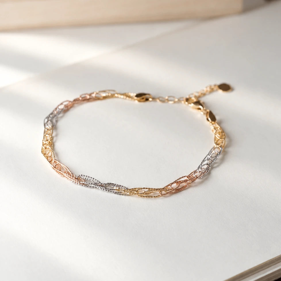 [In Stock] 18K Yellow Gold + White Gold + Rose Gold Tri‑Color Interwoven Chain Bracelet | Approx. 3.09g | ~16.5cm + 3cm Extension