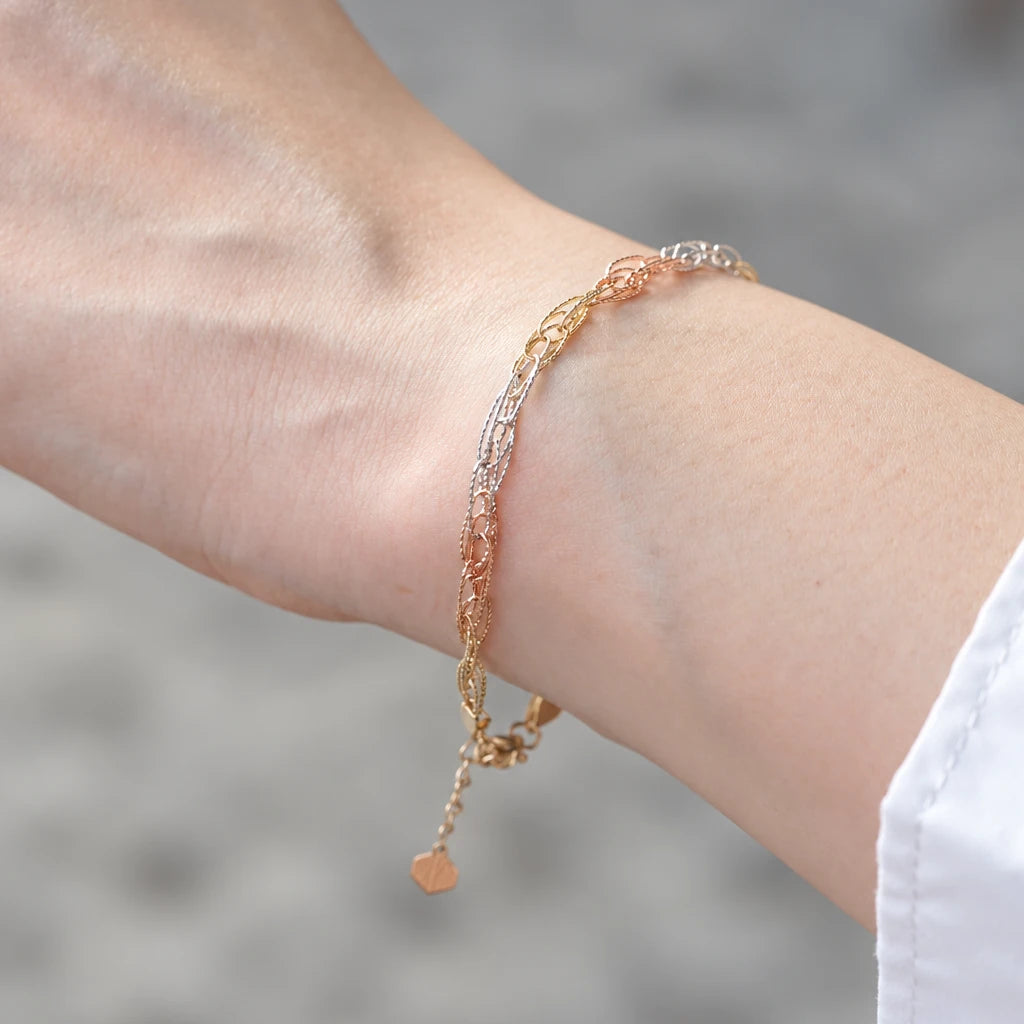 [In Stock] 18K Yellow Gold + White Gold + Rose Gold Tri‑Color Interwoven Chain Bracelet | Approx. 3.09g | ~16.5cm + 3cm Extension