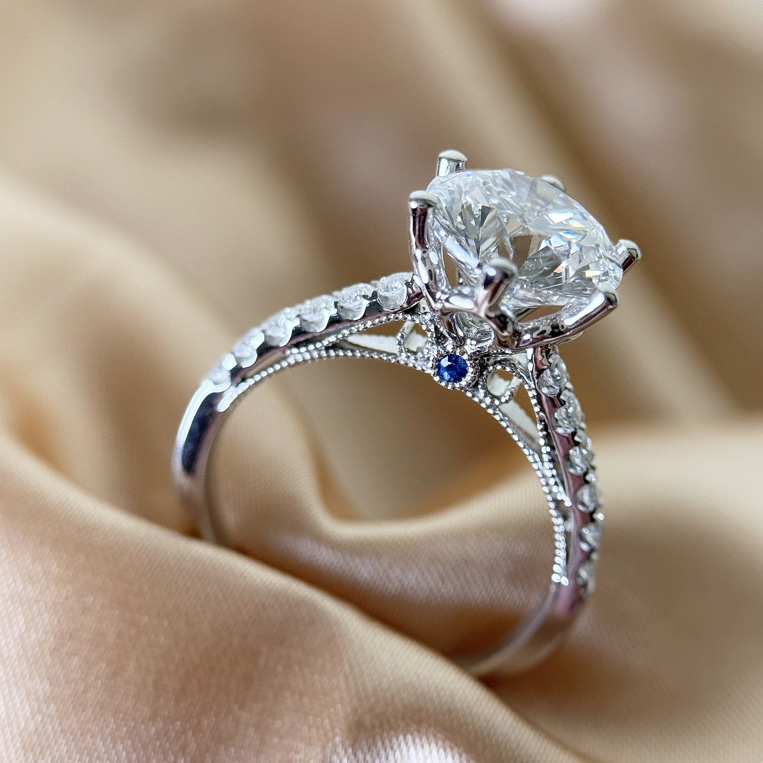 EUNICE - Lab-Grown Diamond / Gemstone Milgrain Pavé Ring Setting | with Hidden Sapphire/Lab-Grown White Diamond (18K Gold / Platinum) - TMRR0238I