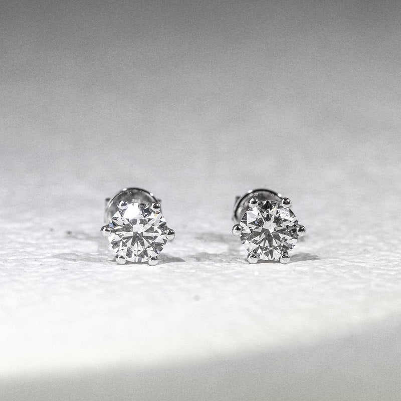 18K金圓形培育鑽石耳環 | D-E VVS Ideal Ex Ex | 經典六爪（整平底托）| <總數 0.40ct - 3.00ct+>