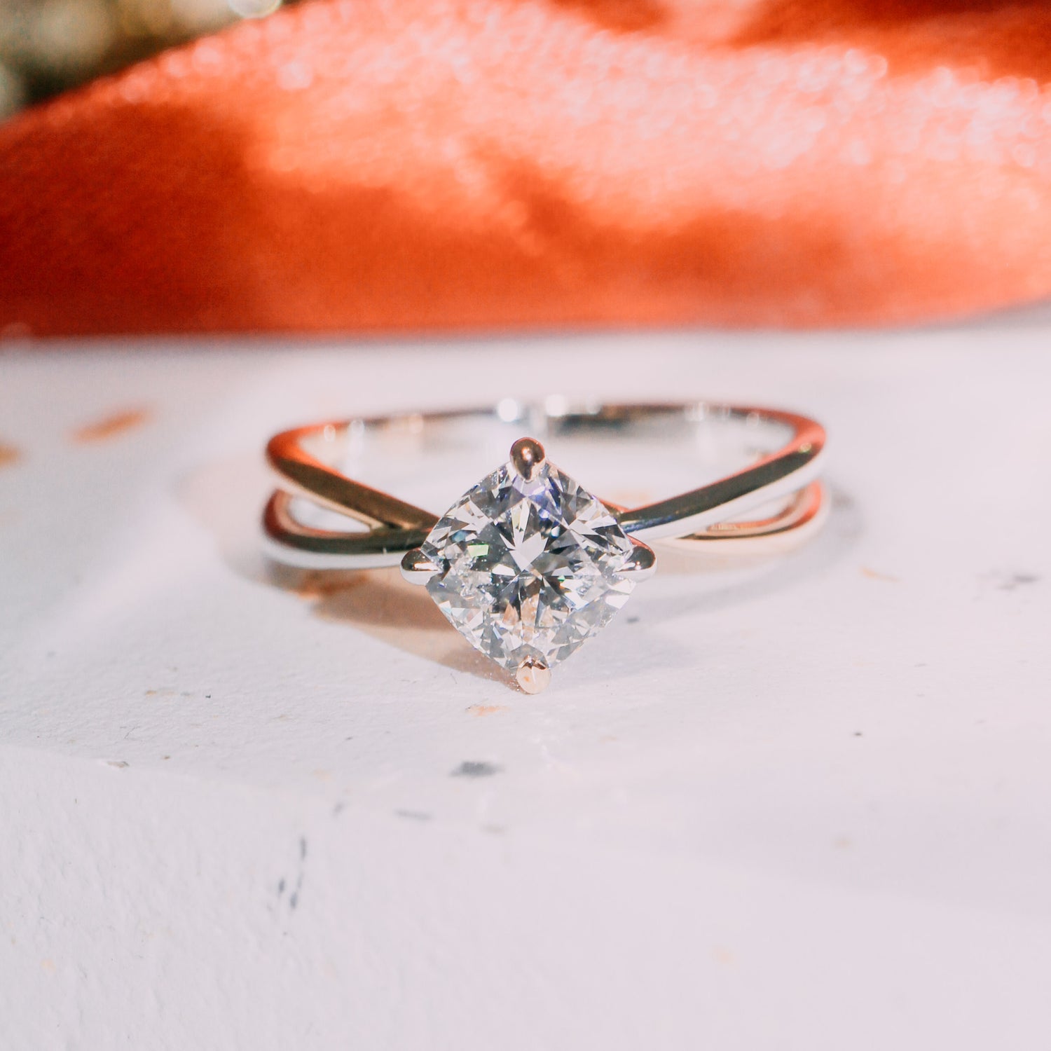 EVELYN – Two-Tone Cushion-cut Lab-Grown Diamond / Gemstone Ring Setting – Crossover Band Solitaire (18K Gold / Platinum) - TM0037CU