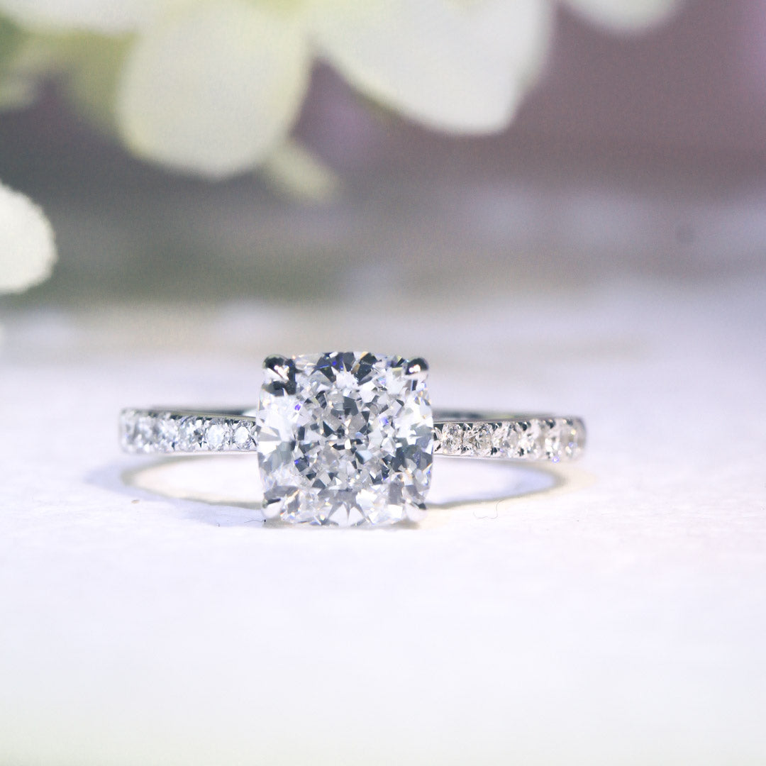 BASIA - Cushion-cut Lab-Grown Diamond/ Gemstone Pavé Ring Setting (18K Gold/ PT950) - TM0923CU
