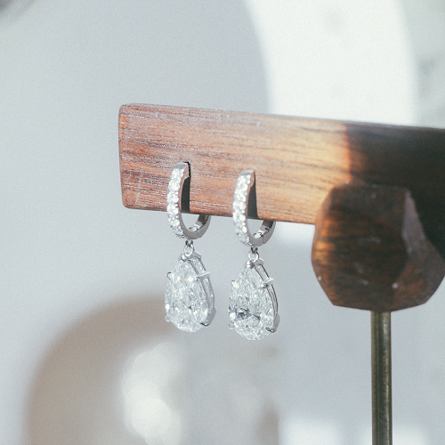 18K Gold Pear-Cut Lab-Grown Diamond Drop Earrings | Pavé Huggie Design | TME0627PE