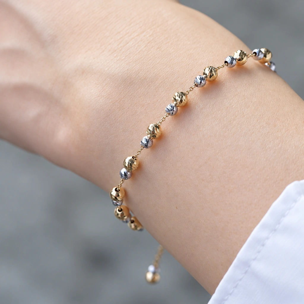 [In Stock] 18K Yellow Gold + 18K White Gold Two‑Tone Beaded Bracelet | Approx. 1.65g | ~16cm + 3cm Extension