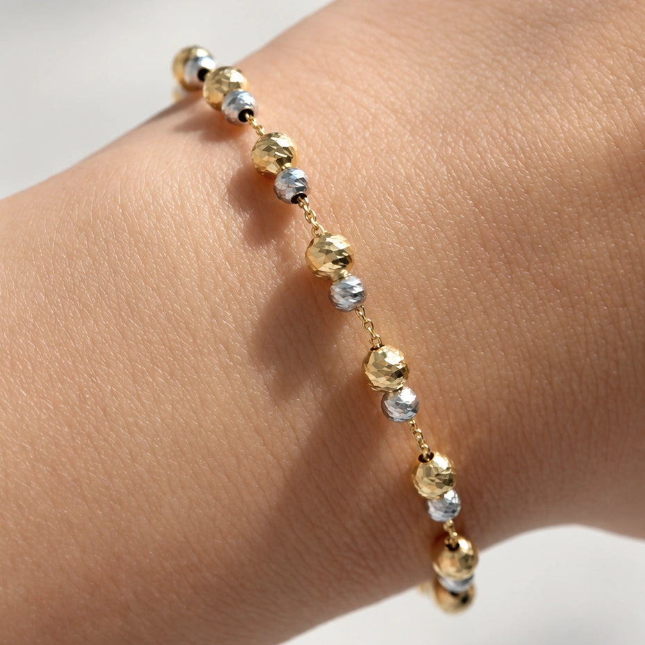 [In Stock] 18K Yellow Gold + 18K White Gold Two‑Tone Beaded Bracelet | Approx. 1.65g | ~16cm + 3cm Extension