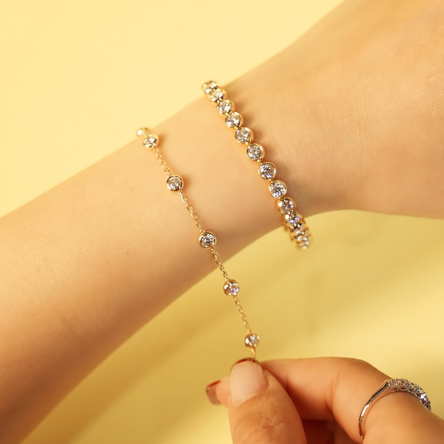 18K金圓形培育鑽石網球手鏈｜D-F / VVS-VS｜包邊鑲嵌