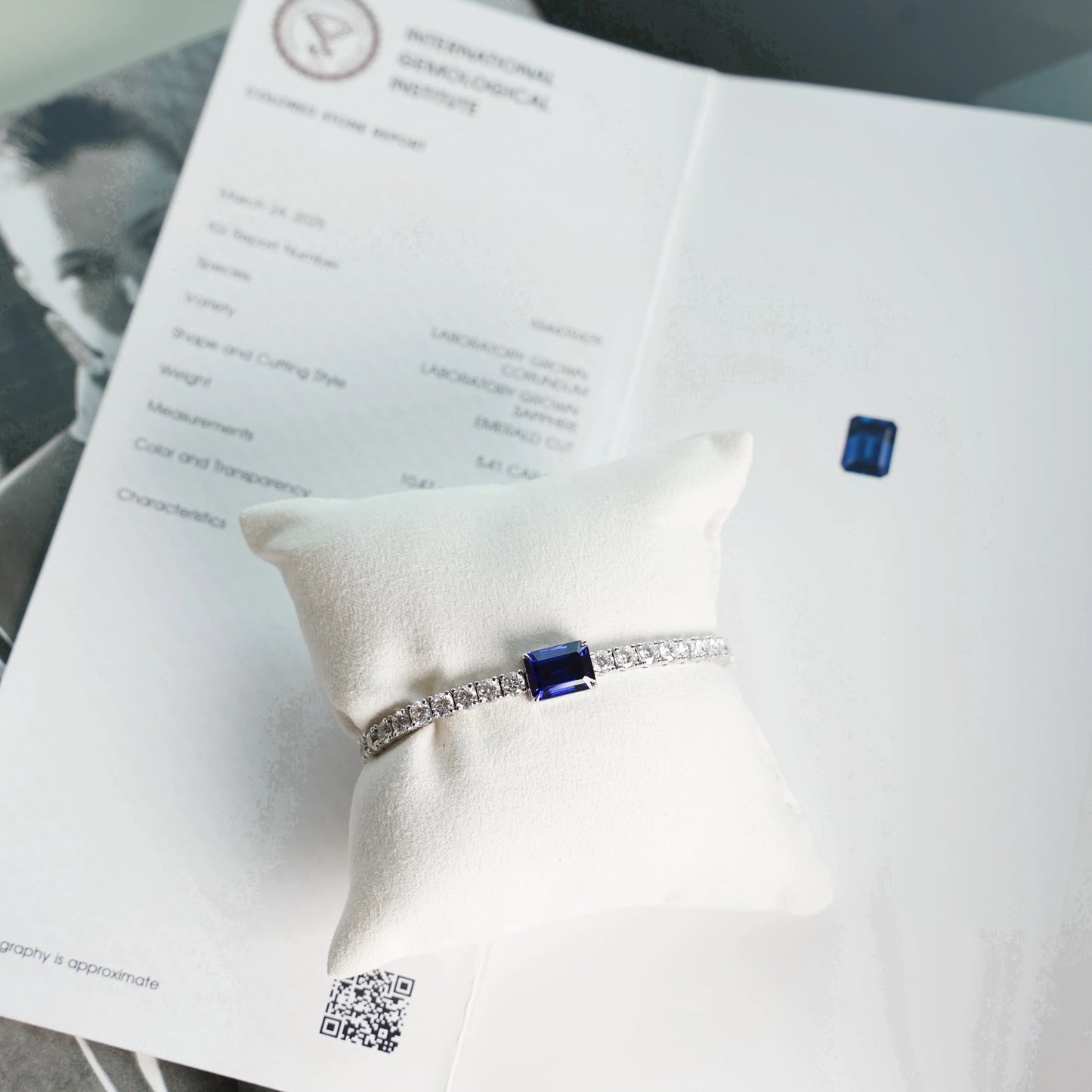 5.41ct 祖母綠形培育藍寶石手鏈（附 IGI 證書）｜配 8.074ct 培育鑽石網球手鏈｜現貨款