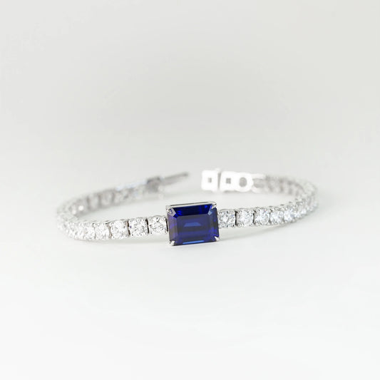 5.41ct 祖母綠形培育藍寶石手鏈（附 IGI 證書）｜配 8.074ct 培育鑽石網球手鏈｜現貨款